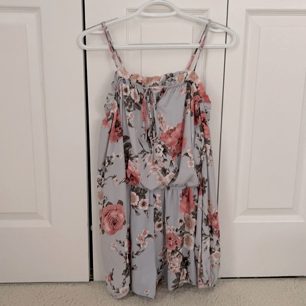 Blue floral cut out shoulder long sleeve romper